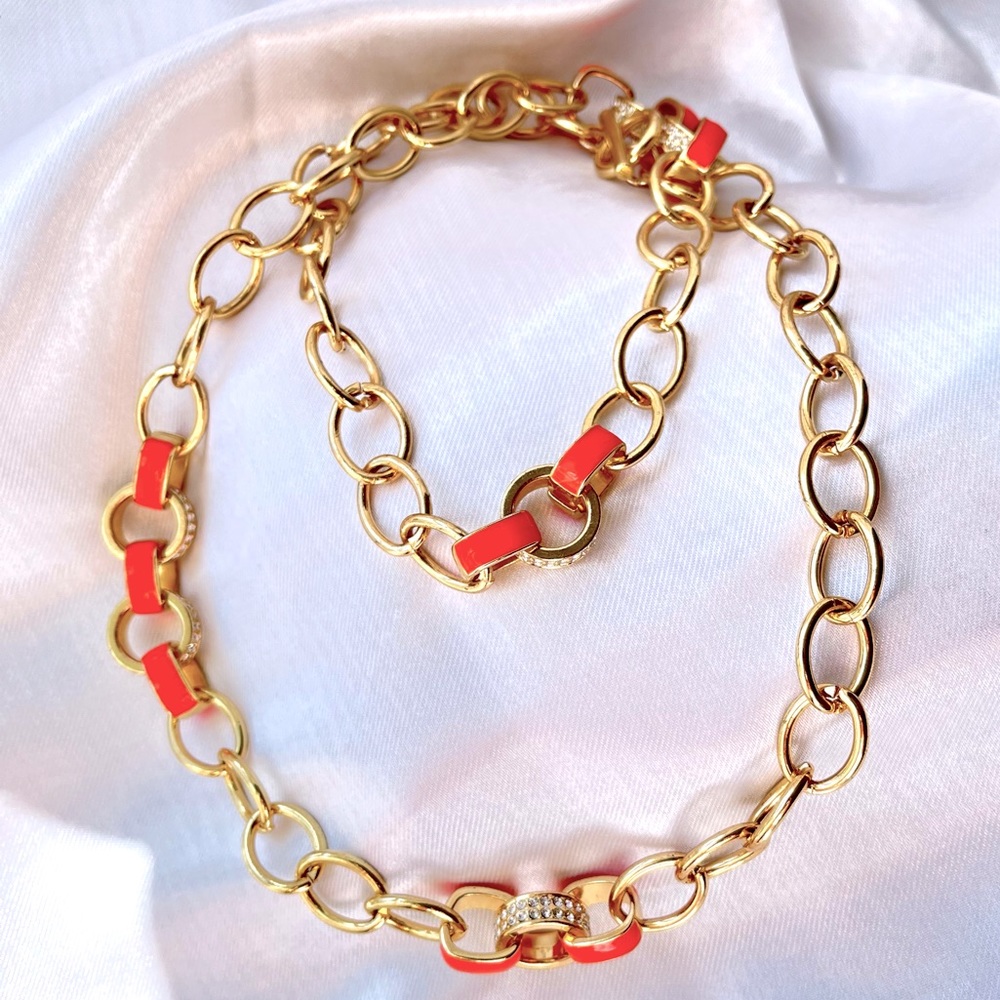 Long Chunky Gold Chain Necklace with Orange and Rhinestone Beads